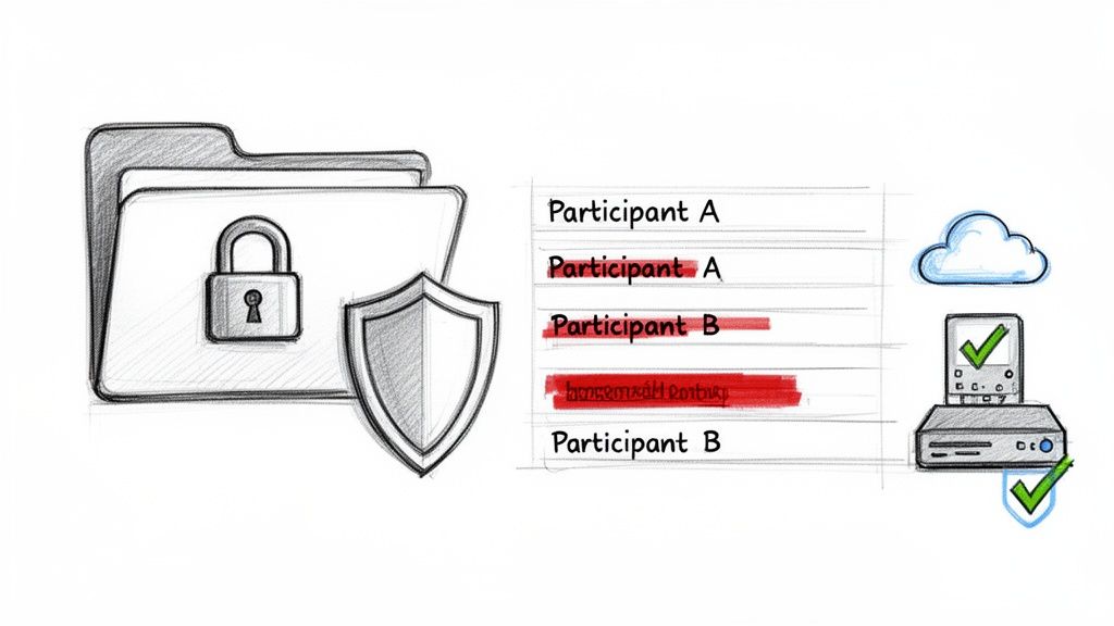 Illustration of secure data management with encrypted files, protected participant lists, and cloud storage.
