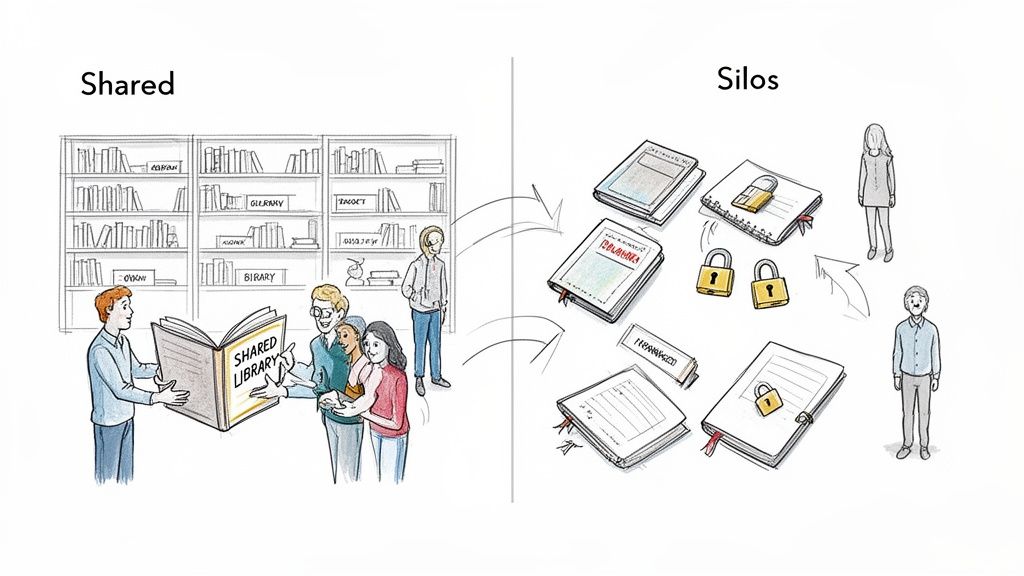 Illustration comparing shared library knowledge with locked, siloed information and isolated individuals.