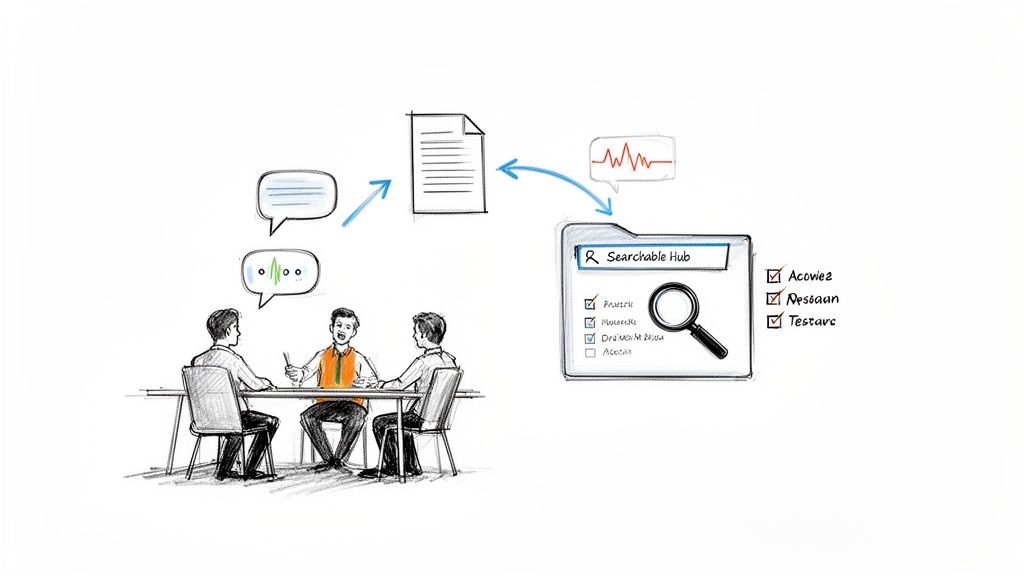 Illustration showing people discussing ideas, which are then documented and stored in a searchable knowledge hub.
