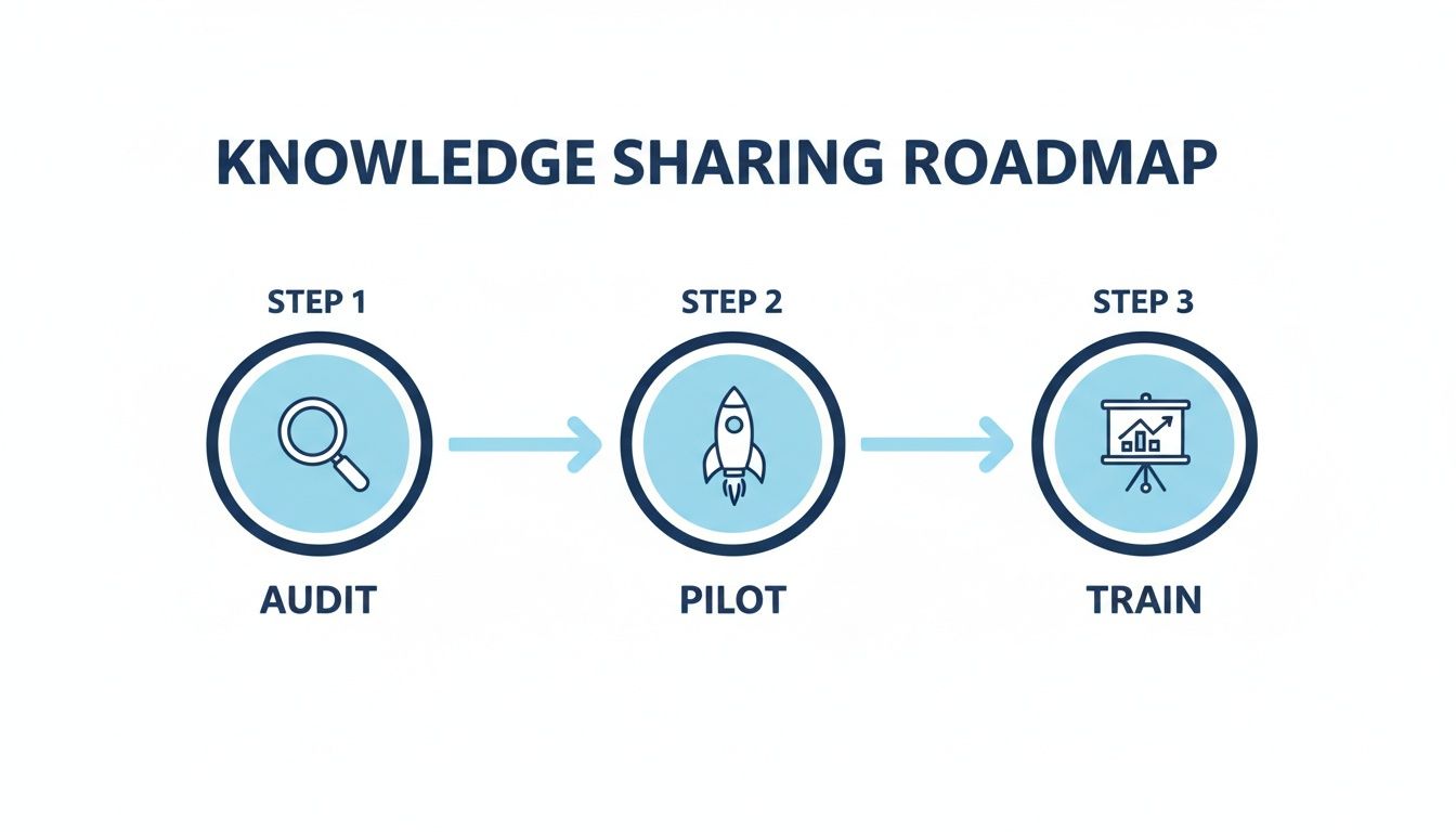 A knowledge sharing roadmap with three steps: audit, pilot, and train.