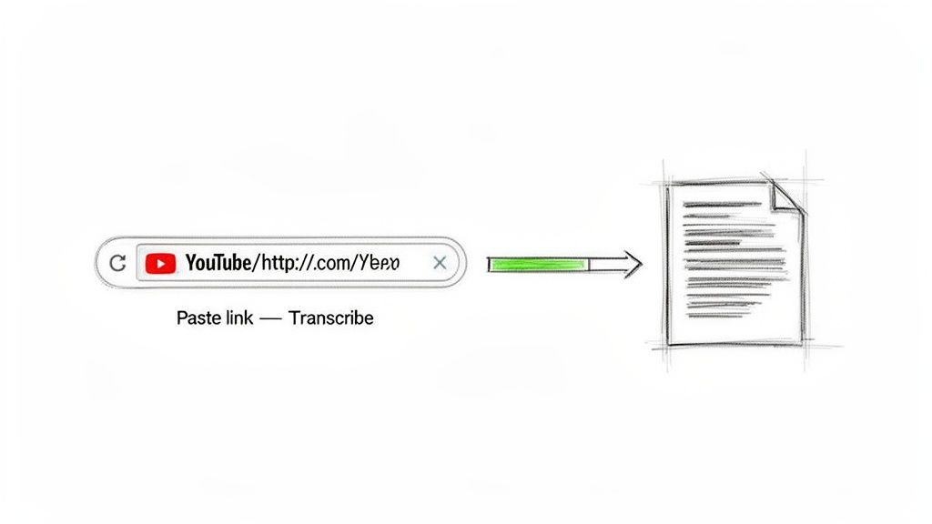 A visual representation of converting a YouTube video link into a text transcript document.