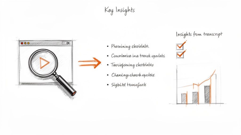Sketch illustrating video analysis, extracting key insights from transcripts, and data visualization.