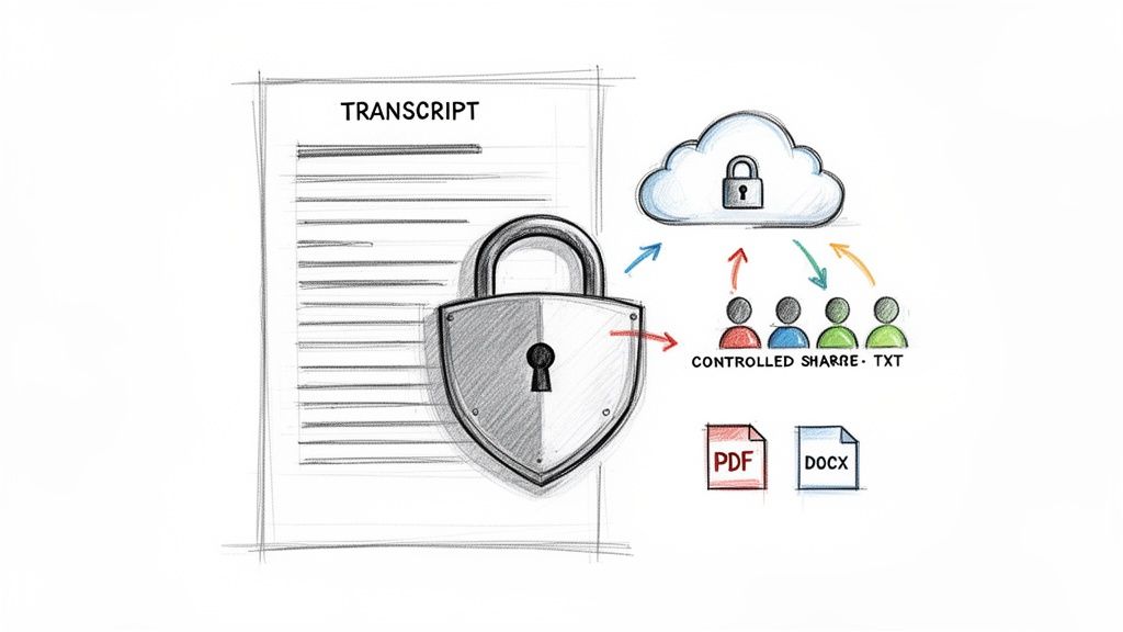 A sketch illustrates a transcript document secured by a padlock, enabling controlled sharing to users and cloud storage.
