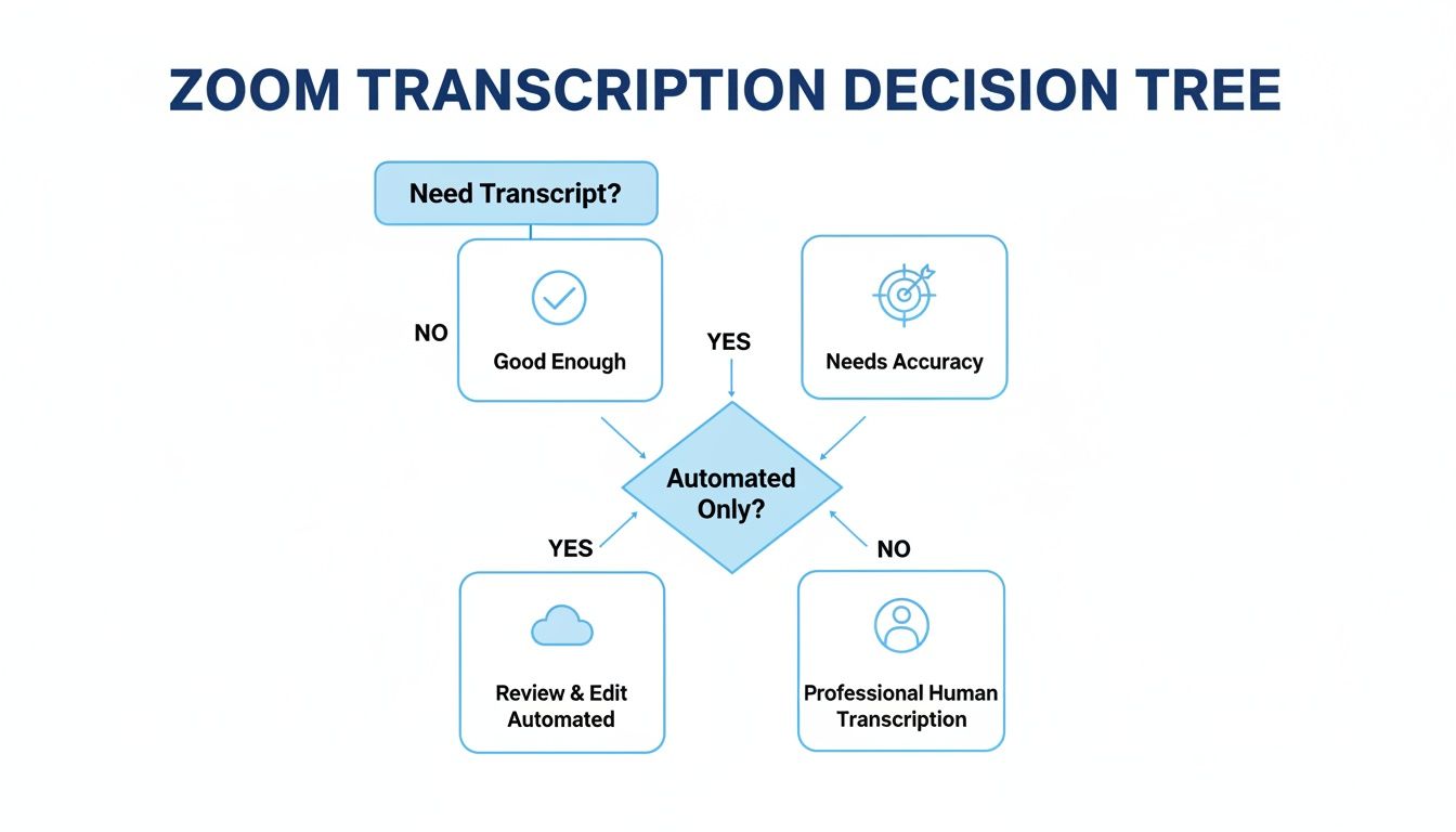 A Zoom transcription decision tree flowchart for choosing between automated, edited, or professional human transcription.