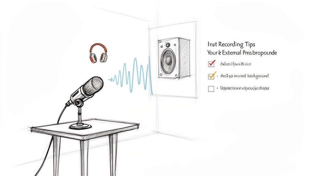 Sketch of a microphone on a table with headphones, a speaker, and a list of recording tips.