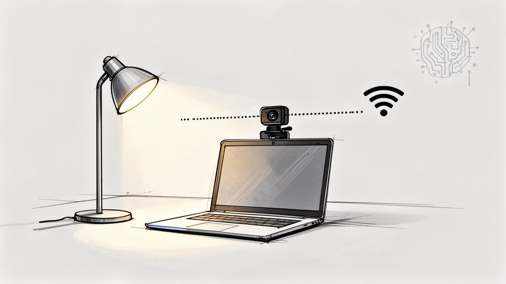 A sketch of a desk lamp, laptop with external webcam, Wi-Fi symbol, and circuit board icon.