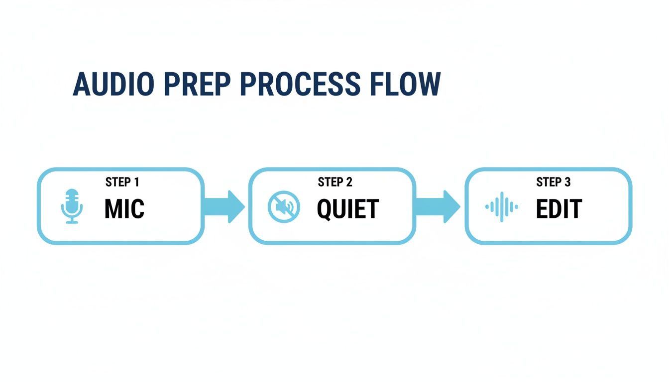 A flowchart outlining the audio preparation process: Step 1 Mic, Step 2 Quiet, Step 3 Edit.