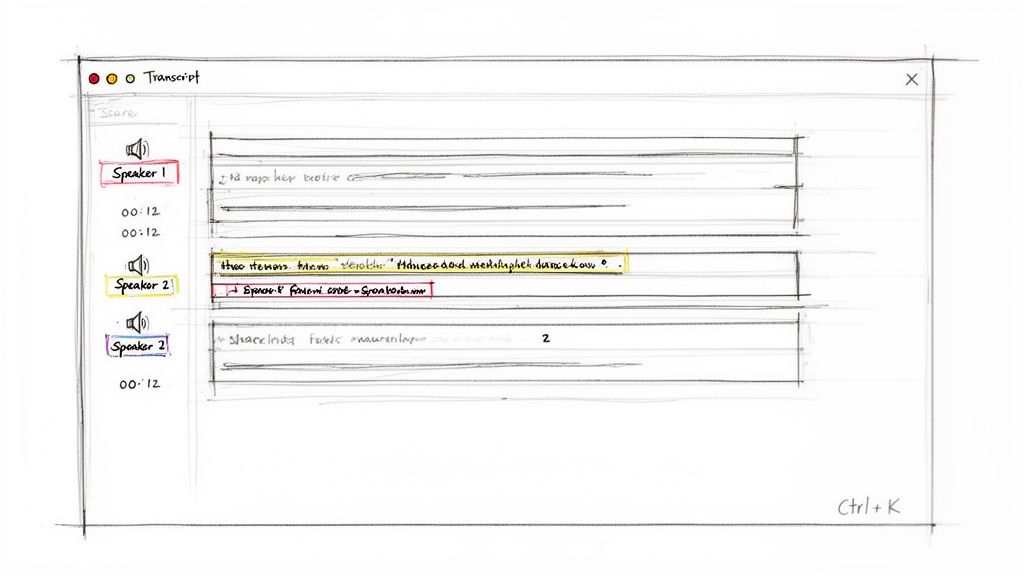 A hand-drawn sketch of a transcript user interface, showing speaker labels and audio text.