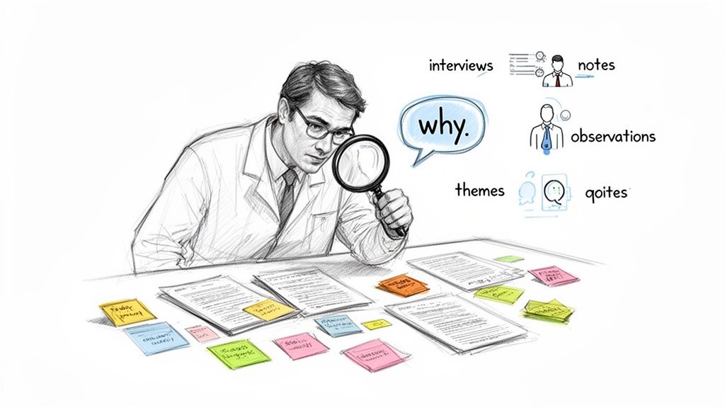 Man with magnifying glass analyzing qualitative research data, including interviews, notes, and observations.