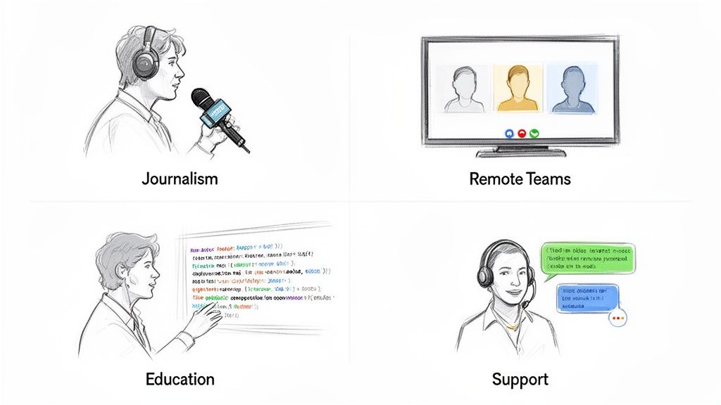 Illustrates real-time transcription software applications in journalism, remote teams, education, and customer support.