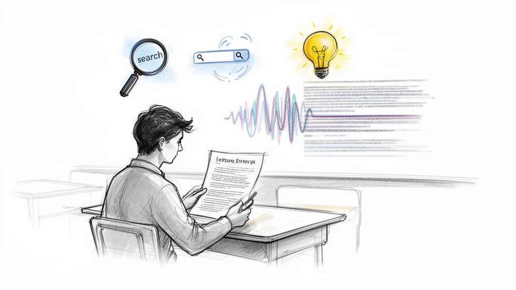 A student reads a 'Lecture Transcript' document, surrounded by search icons, audio waves, and a bright idea lightbulb.