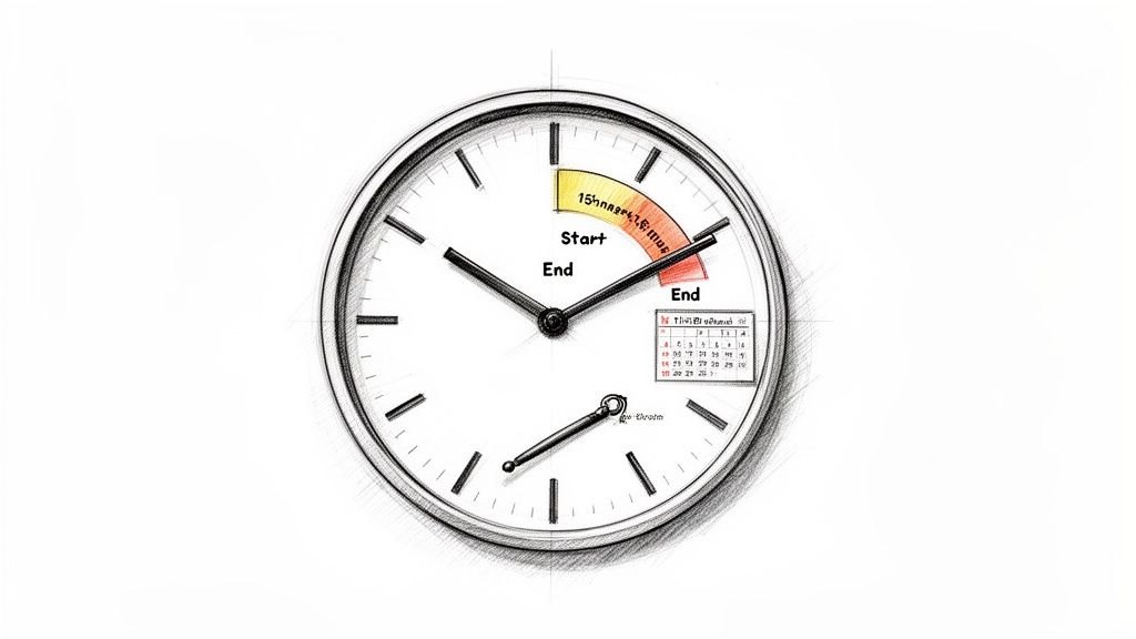 A detailed sketch of a clock showing a time range, calendar, and labeled 'Start' and 'End'.