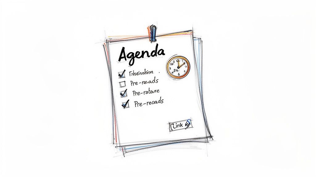 A hand-drawn agenda sheet with a checklist, a clock, and a link icon, representing meeting preparation.