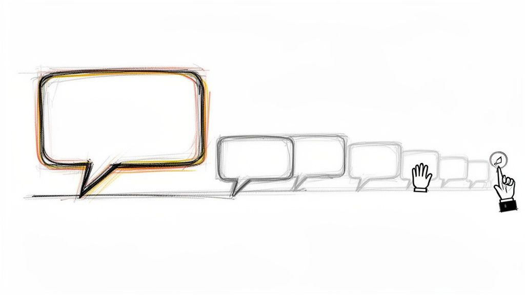 Sketch of multiple speech bubbles in a row, with a cursor hand clicking a send icon.