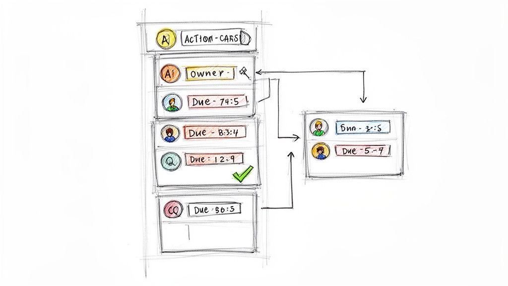 A hand-drawn diagram depicting interconnected boxes with text labels, user icons, and arrows, representing a process flow.