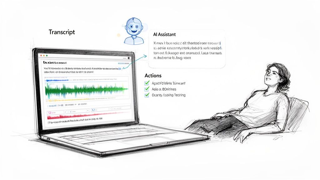 A sketch of a person relaxing, interacting with a laptop displaying a transcript and AI assistant.