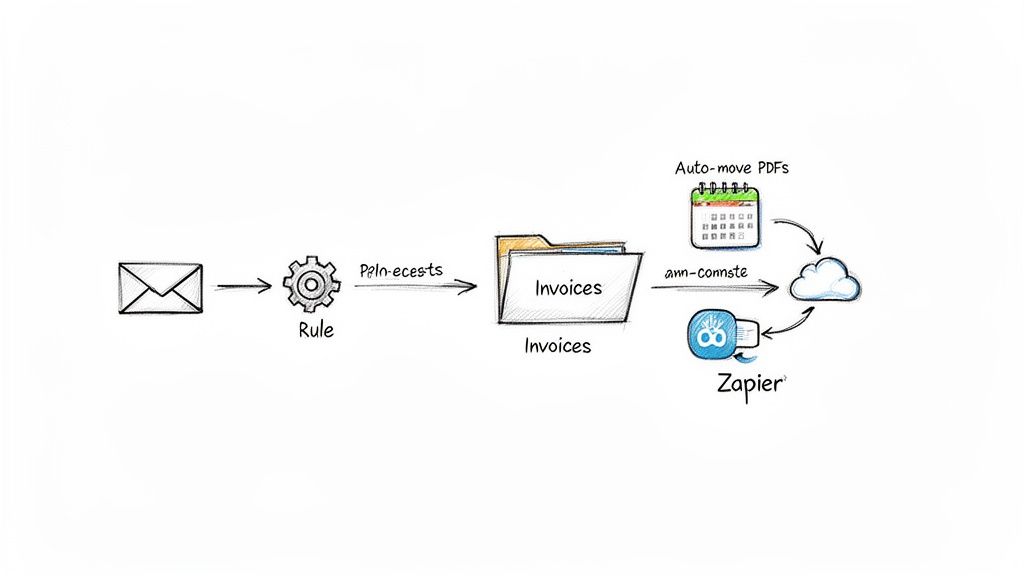 A diagram illustrating a digital workflow for organizing invoices from email to cloud storage.