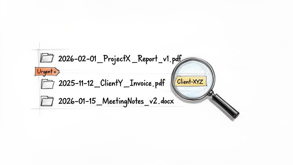 A magnifying glass highlights a 'Client-XYZ' folder among neatly organized digital files with an 'Urgent' tag.