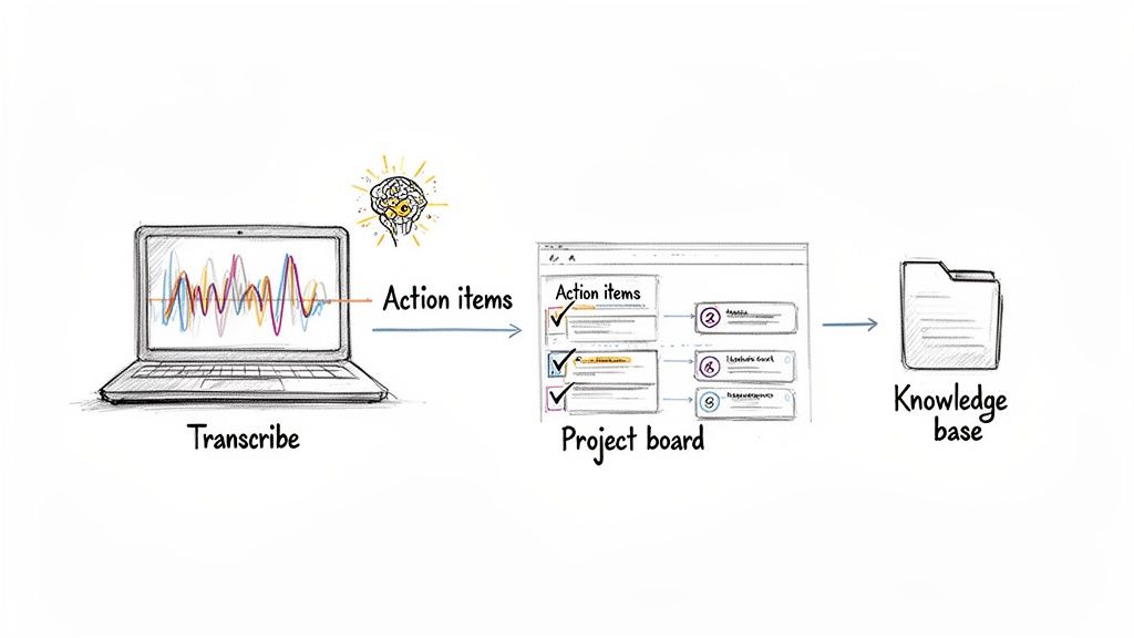 Workflow diagram illustrating transcription, AI-generated action items, project board management, and knowledge base integration.