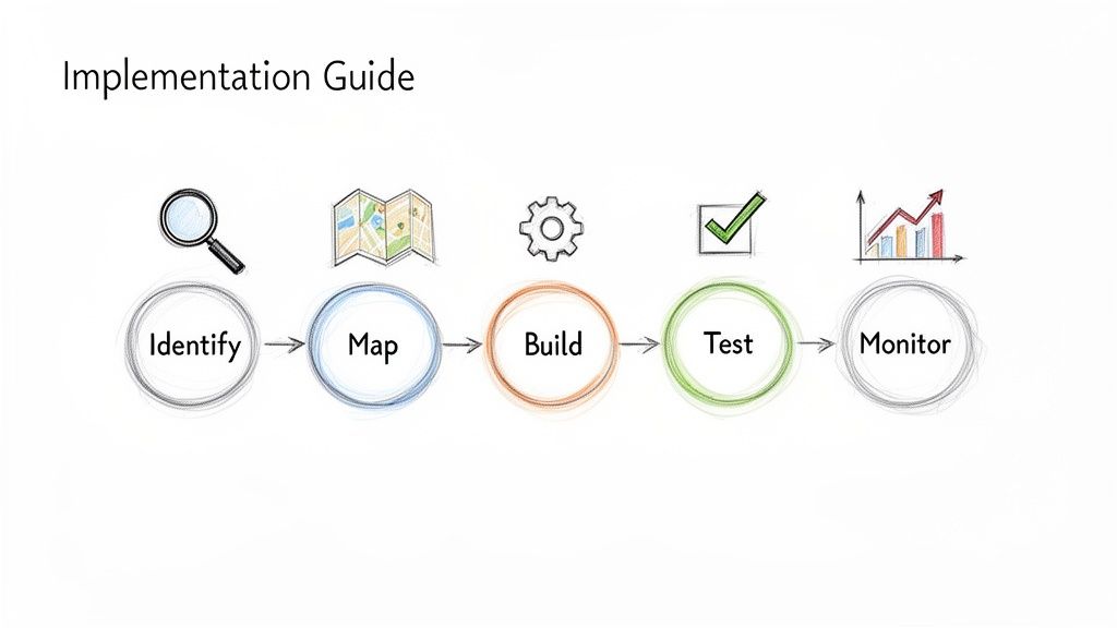 A visual guide illustrating a five-step implementation process: Identify, Map, Build, Test, and Monitor.