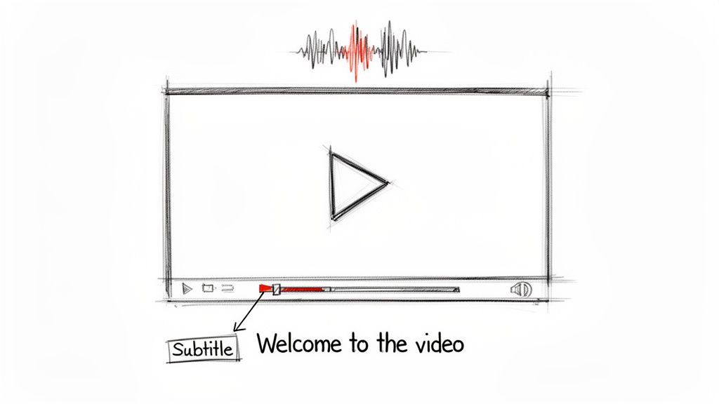 A hand-drawn sketch of a video player, progress bar, and sound wave, with an arrow pointing to a 'Subtitle' button displaying 'Welcome to the video'.