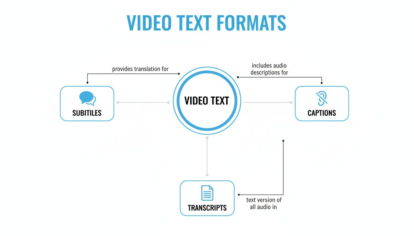 A diagram illustrating video text formats, showing the relationships between video text, subtitles, captions, and transcripts.