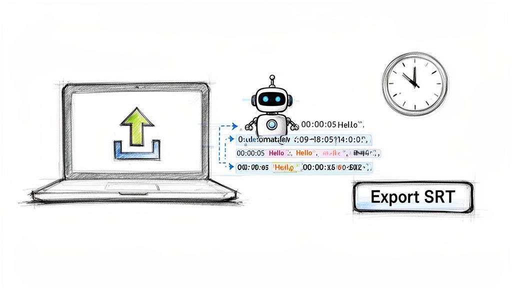 A robot processes uploaded content on a laptop, displaying timecoded text for subtitle generation and SRT export.