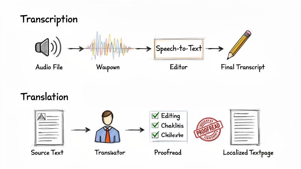 Diagram showing the workflows for audio transcription and document translation services.