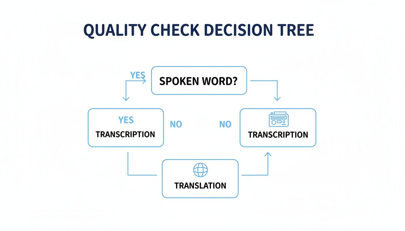 A quality check decision tree flowchart illustrating transcription and translation processes for content.