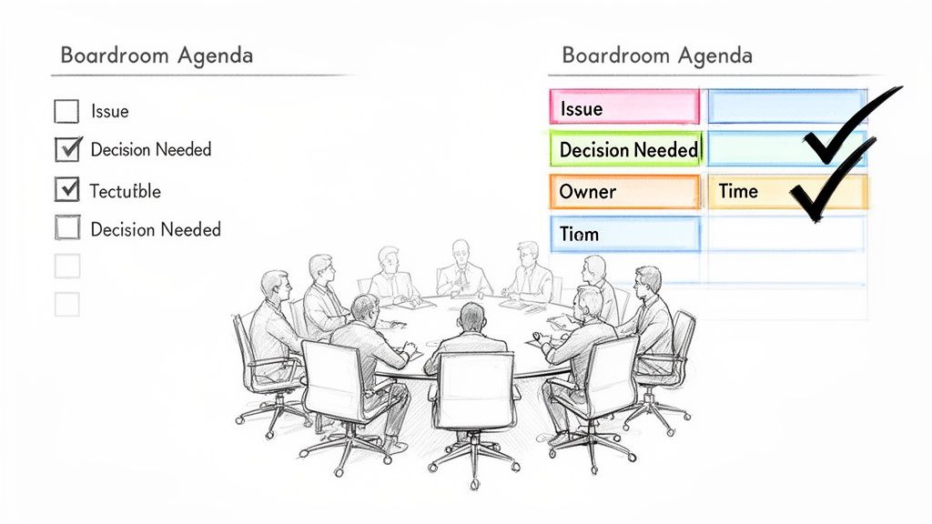 Two boardroom agenda formats are shown, one a checklist and another a table with checkmarks, next to a meeting sketch.