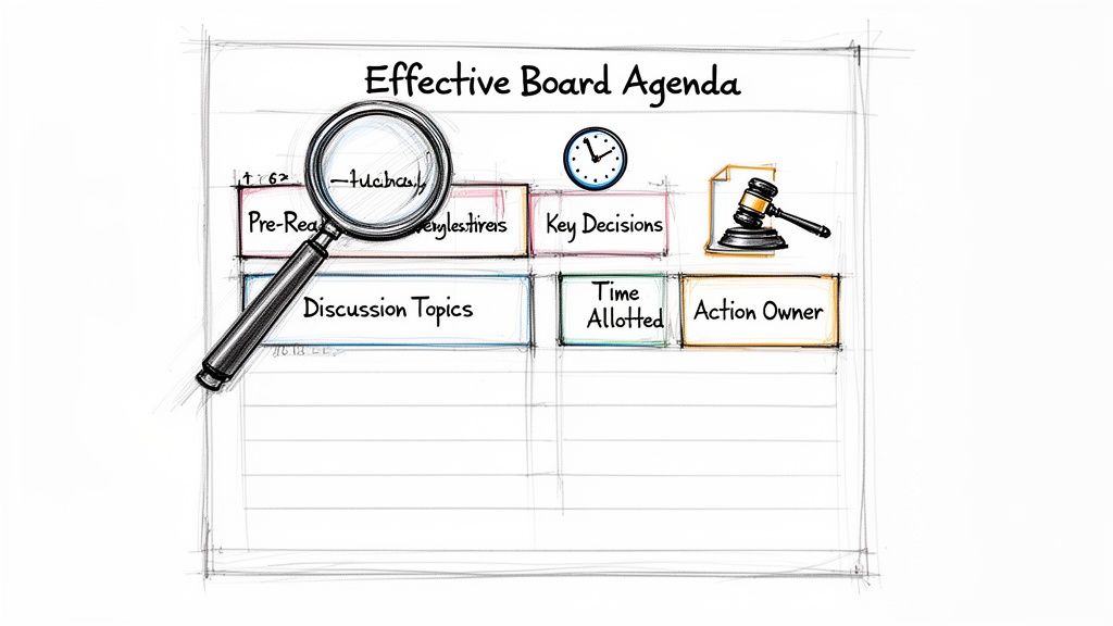 A sketched template titled 'Effective Board Agenda' with sections like pre-read, discussion topics, and action owner.