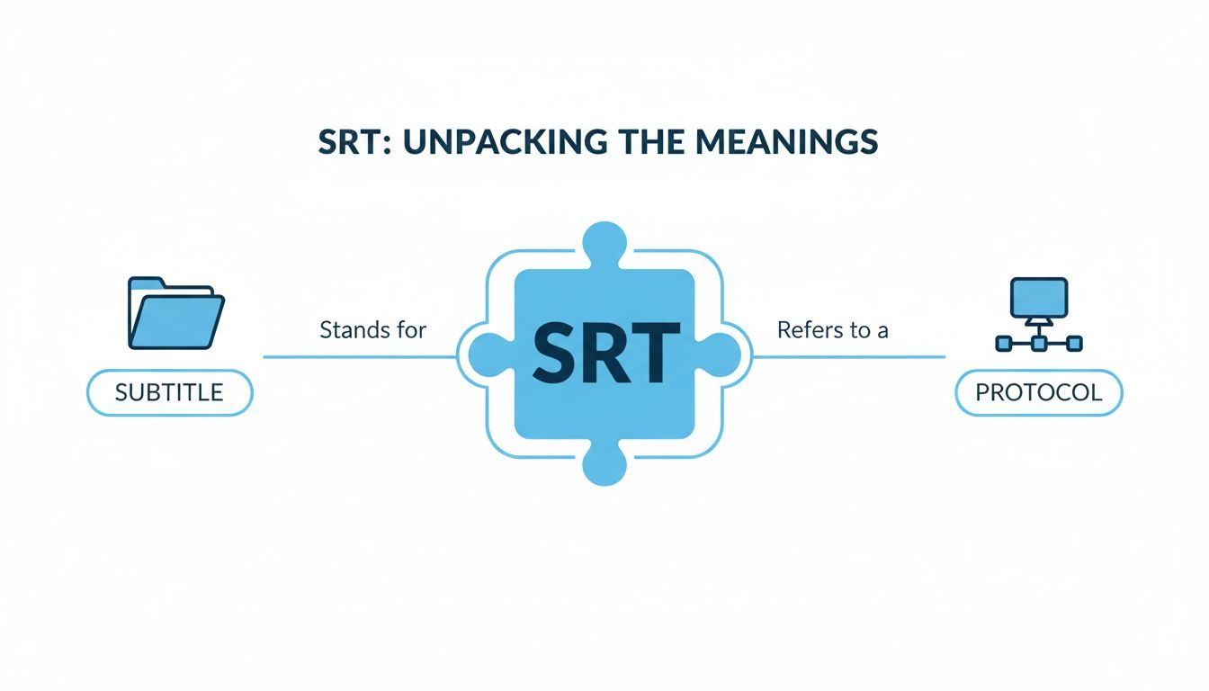 Diagram explaining SRT, showing it stands for SUBTITLE (with folder icon) and refers to a PROTOCOL (with network icon).