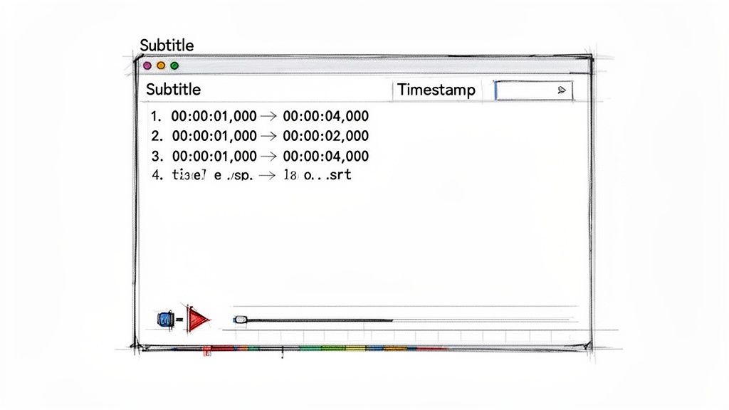 A hand-drawn wireframe shows a subtitle editor in a video player, displaying time codes.