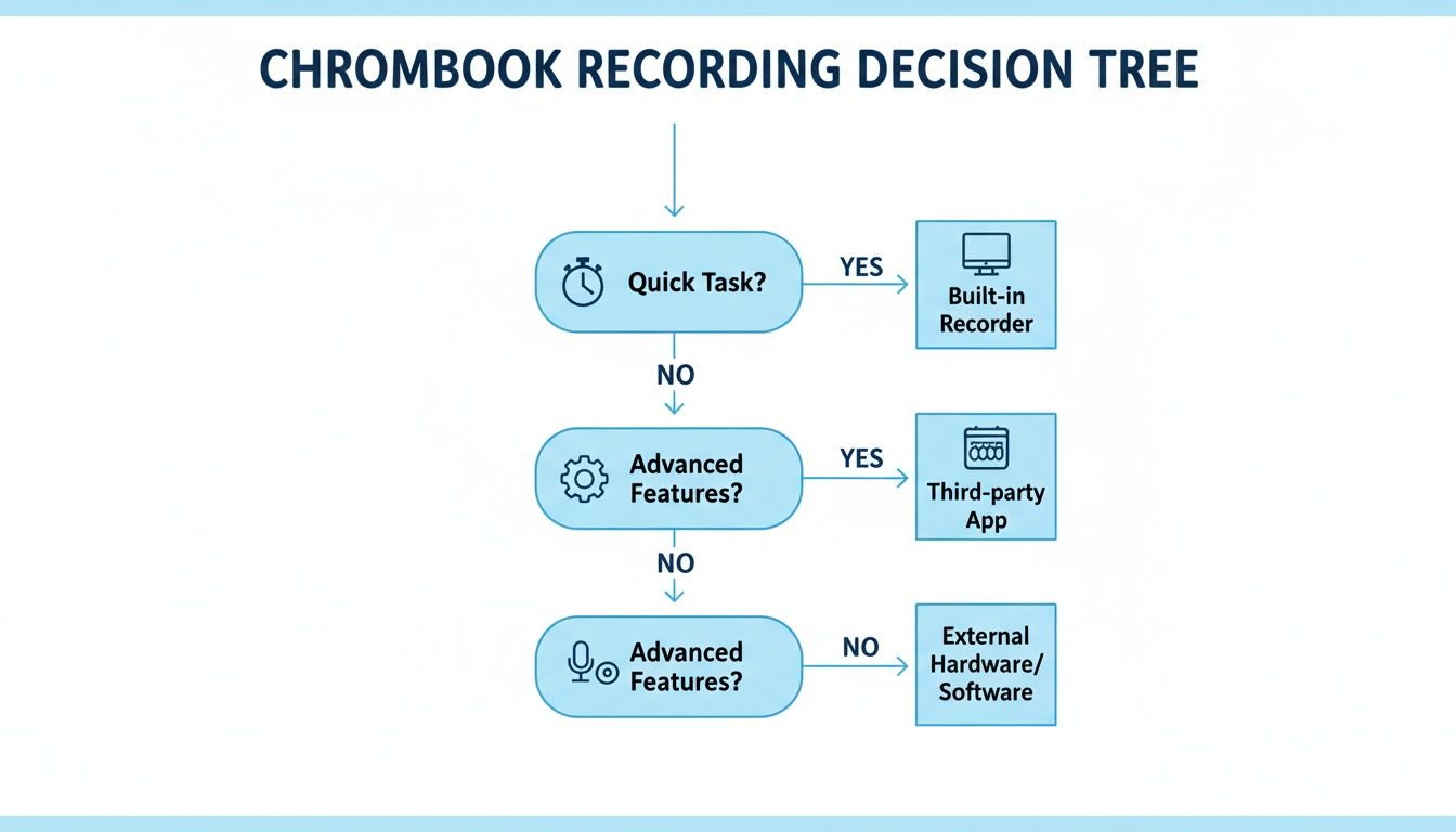 A Chromebook recording decision tree flowchart guiding users on tools based on task complexity.