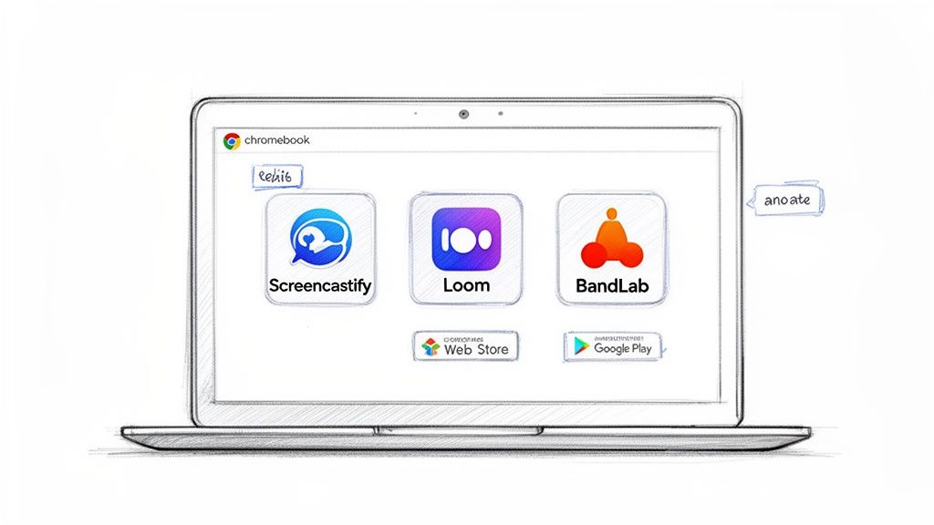 Sketch of a Chromebook displaying popular recording and creativity apps like Screencastify, Loom, and BandLab.