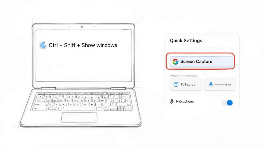 A sketch of a laptop displaying a keyboard shortcut and a menu for screen capture settings.