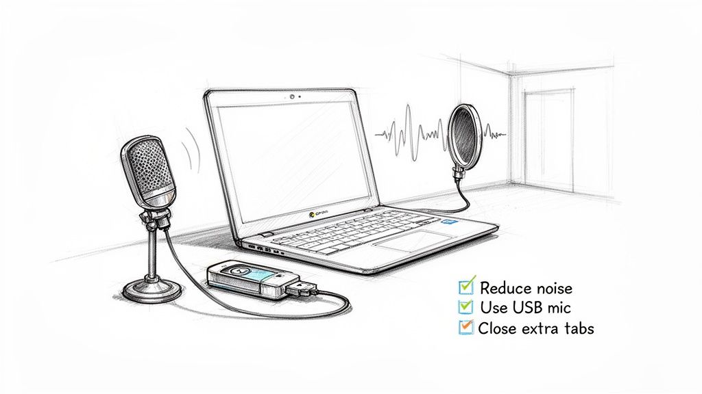 Sketch of an audio recording setup with a laptop, USB microphone, pop filter, and a checklist.