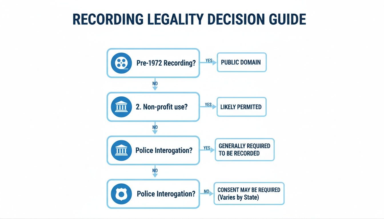 Flowchart detailing a recording legality decision guide based on recording age, use, and police interrogation context.