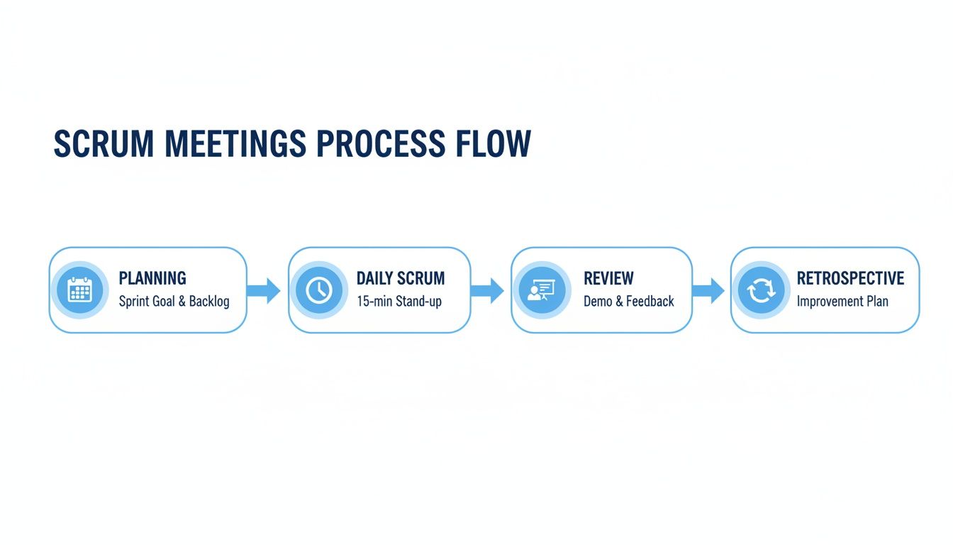 A Scrum meetings process flow diagram illustrating planning, daily scrum, review, and retrospective stages.