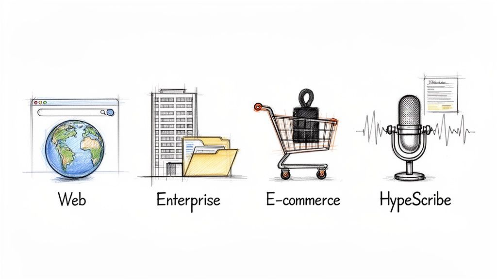 Four hand-drawn icons representing Web, Enterprise, E-commerce, and HypeScribe domains with corresponding visual elements.