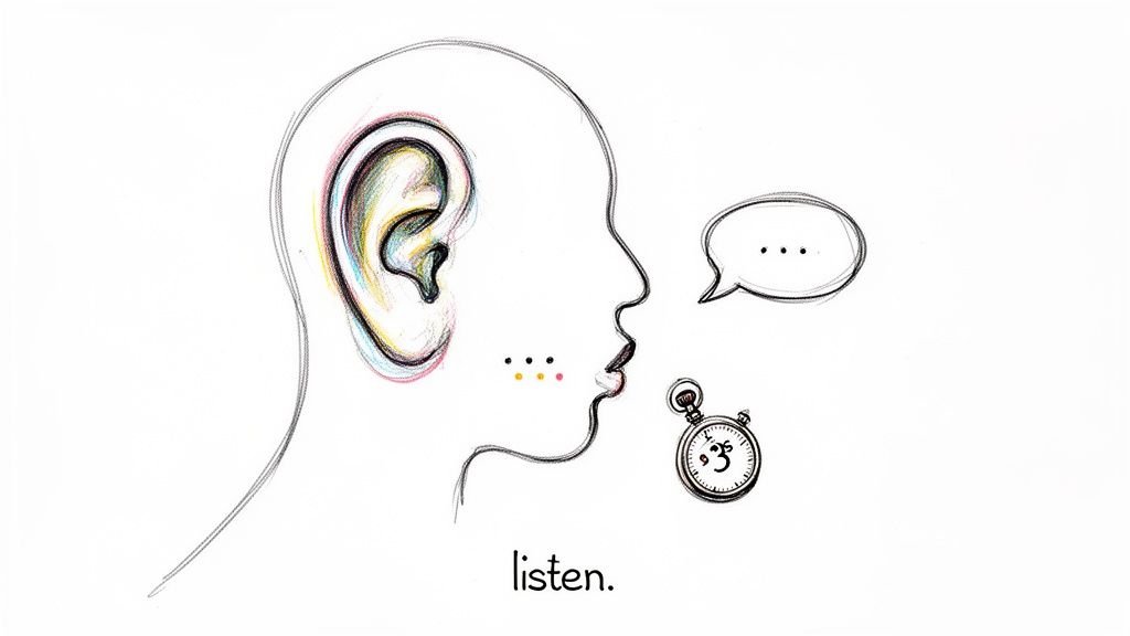 A simple sketch of a person listening, with a stopwatch for a 3-second pause before speaking.