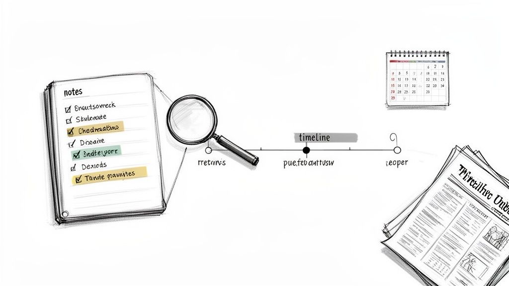 A sketch illustration of research tools including notes, a magnifying glass, a timeline, calendar, and newspapers.