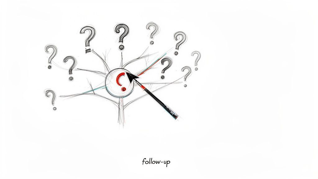 A hand-drawn diagram showing multiple question marks, an arrow pointing to a central one, with 'follow-up' written below.