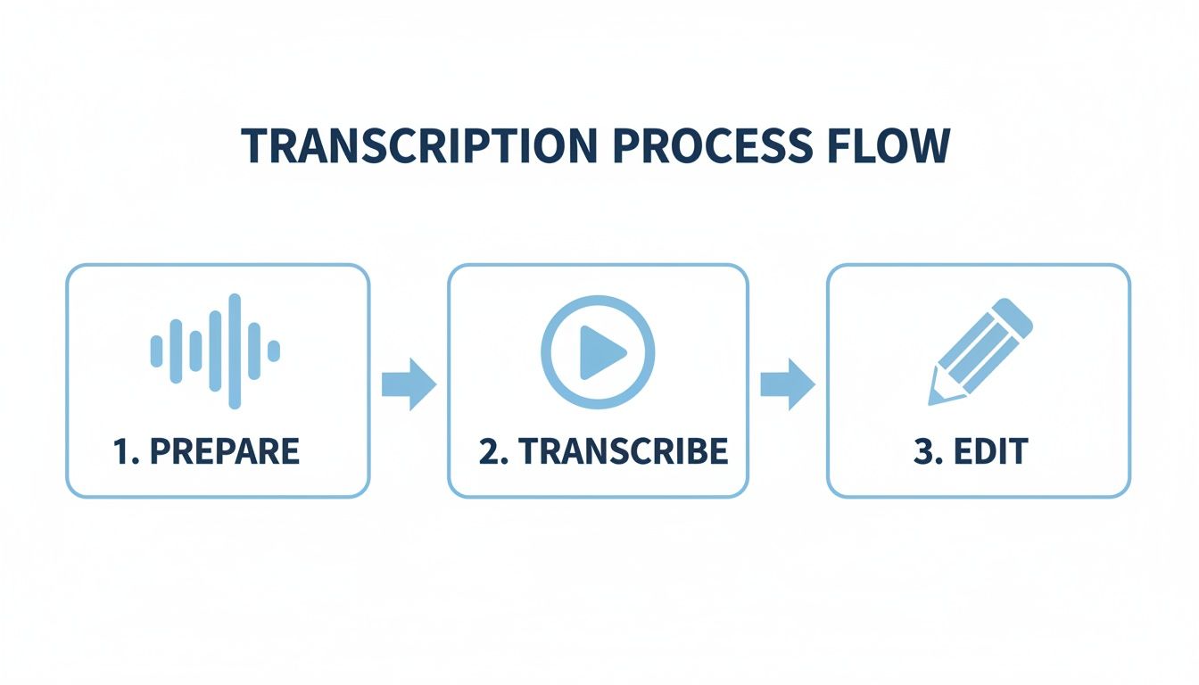 A three-step transcription process flow diagram showing prepare, transcribe, and edit.