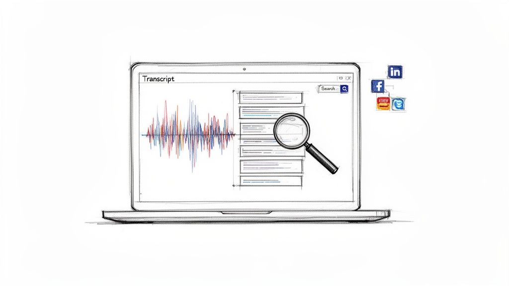 Laptop displaying an audio transcript with a search feature, waveform, and social media integration.