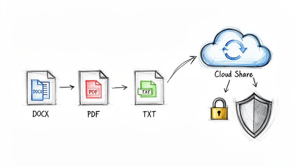 A diagram showing document conversion from DOCX to PDF to TXT, then secure cloud sharing.