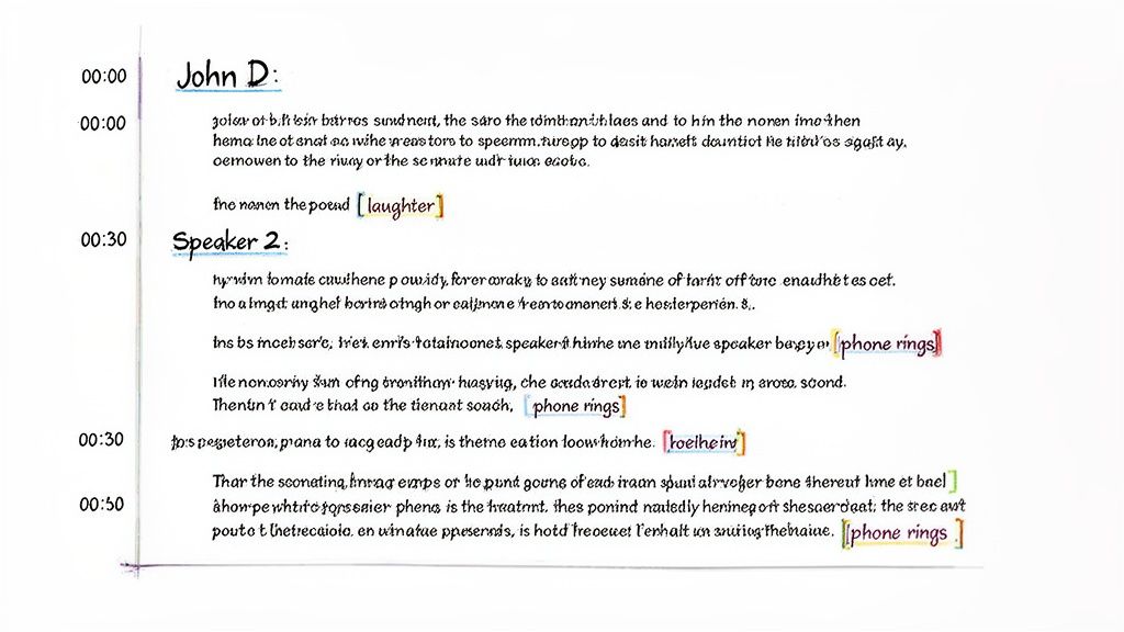 A partially illegible audio transcript document with timestamps, speaker labels, and event markers.