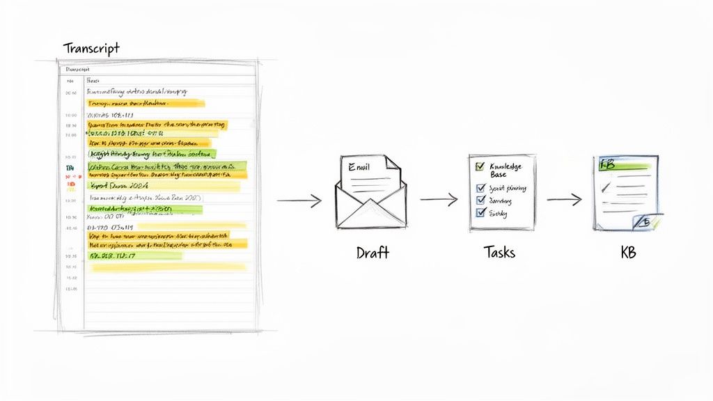 Workflow diagram illustrating how a transcript is processed into a draft email, then tasks, and a knowledge base.
