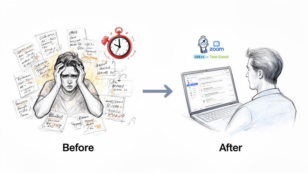 Illustration of a stressed person overwhelmed by tasks transforming to a calm user with Zoom, saving time.