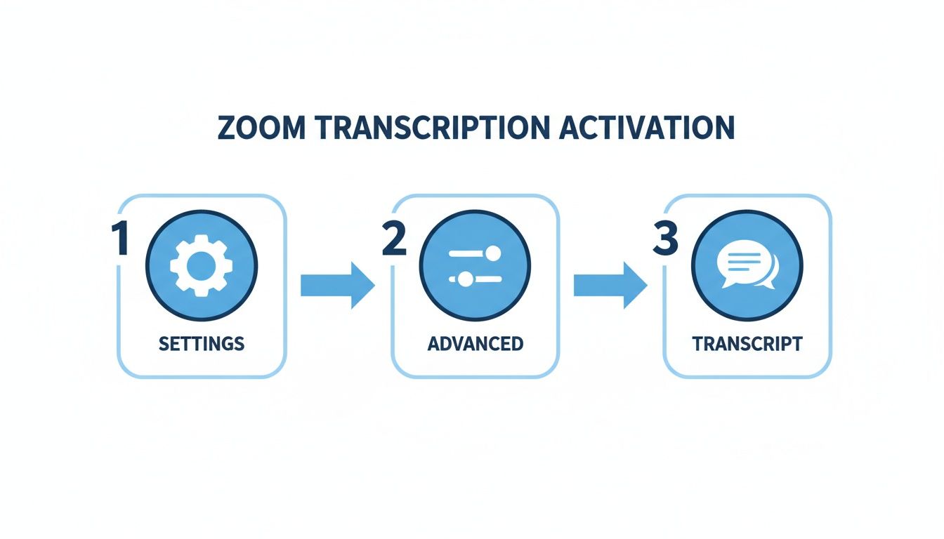 A three-step flowchart illustrating how to activate Zoom transcription: Settings, Advanced, and Transcript.